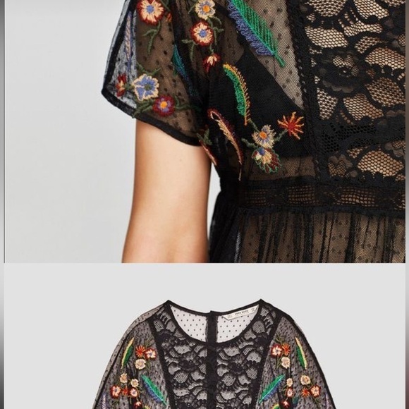 Zara Basic Collection Embroidered Floral Blouse Black Sheer XS - Picture 5 of 13